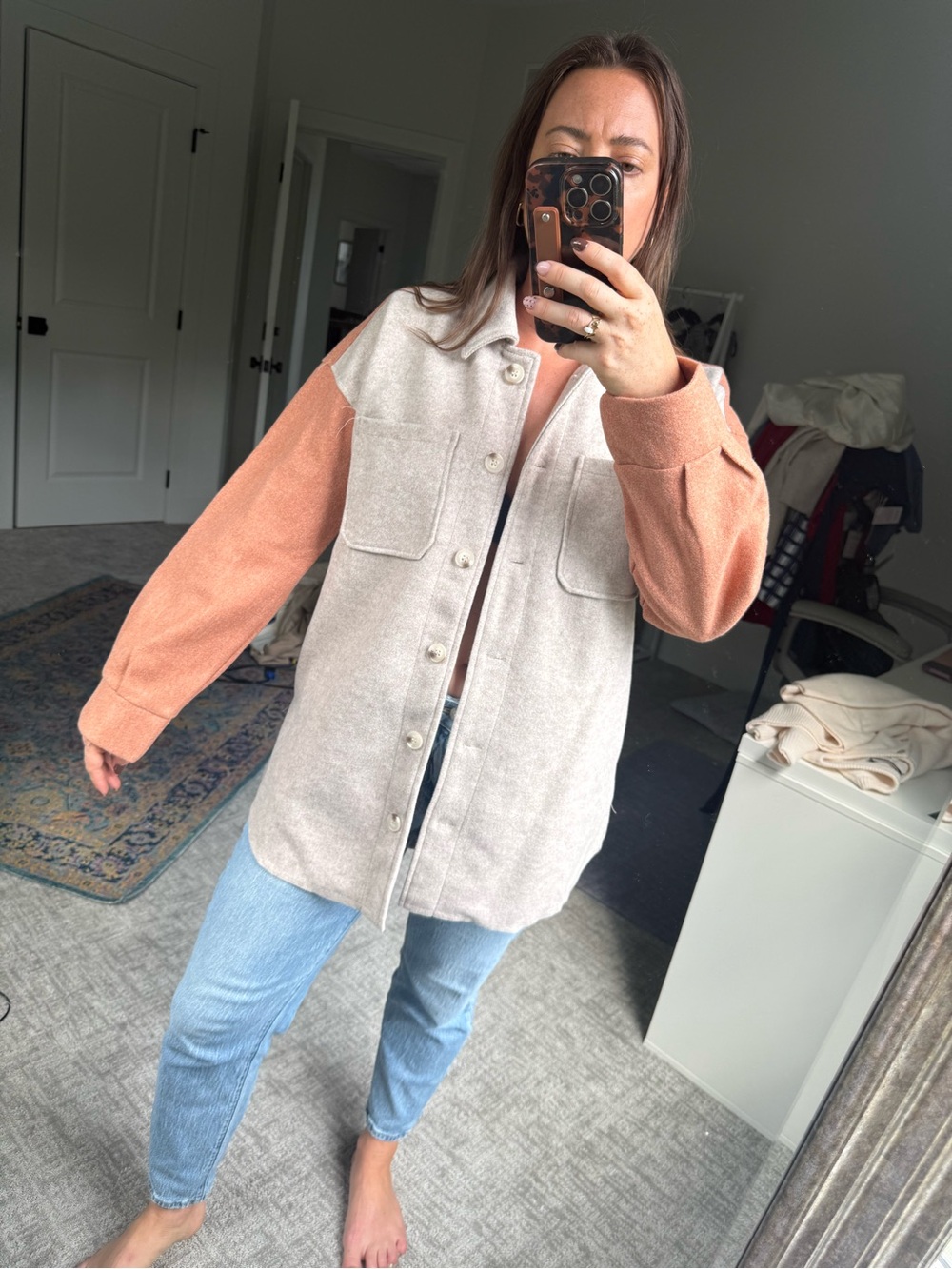 Two-Tone Utility Shacket Jacket - Cream & Rust